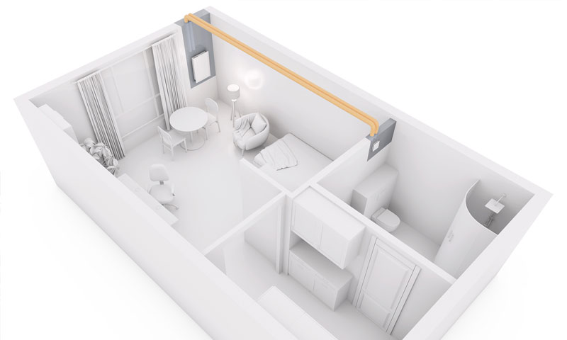 Grundriss einer Wohnung für Einbau des Helios KWL EC 70 mit Zweitraumanschluss